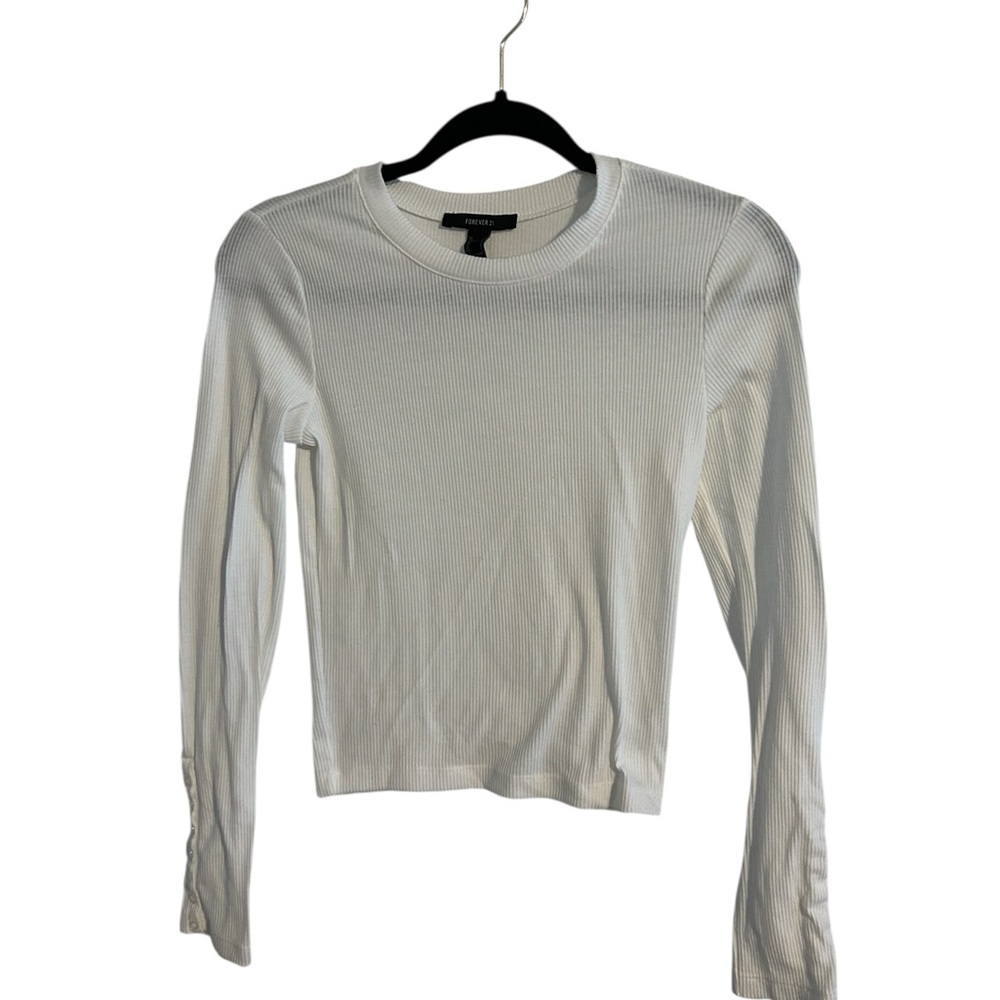 Forever 21 White Ribbed ,Fitted Long Sleeve Crew Neck Tee. Small. Preloved